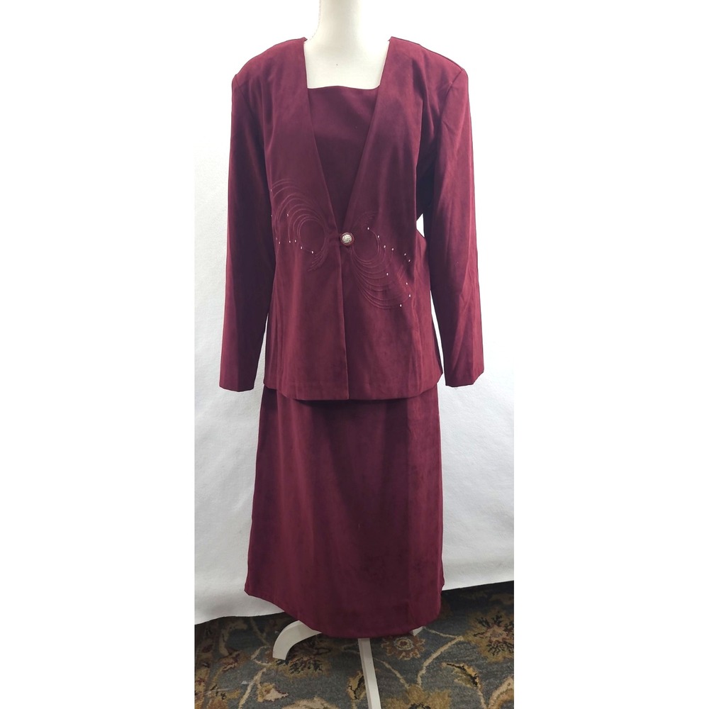 Vtg Faux Suede Burgundy 2 pc Dress Suit 12P Embroidered Swirl Wedding Holiday